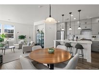 Open concept kitchen and dining area with modern appliances and island at 3061 Low Meadow Blvd, Castle Rock, CO 80109