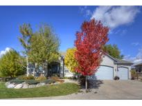 Charming home with landscaped front yard and mature trees in vibrant autumn colors at 698 Larimer Creek Dr, Monument, CO 80132