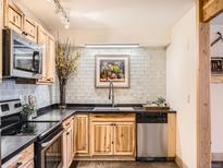 Well lit kitchen features stainless appliances, light wood cabinetry, dark countertops and light backsplash at 400 Zang St # 1-105, Lakewood, CO 80228