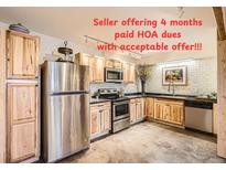 Charming kitchen featuring stainless steel appliances, natural wood cabinetry, and track lighting at 400 Zang St # 1-105, Lakewood, CO 80228