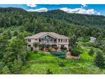 Stunning two-story home nestled on a picturesque hillside with lush landscaping and a charming split rail fence at 15533 S Perry Park Rd, Palmer Lake, CO 80133