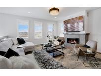 Bright living room featuring a fireplace, modern furnishings, and large windows with scenic views at 14998 Cast Pebble Cir, Parker, CO 80134