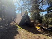 A-frame cabin nestled in the woods features a cozy exterior and inviting front porch at 274 Lincoln Dr, Idaho Springs, CO 80452