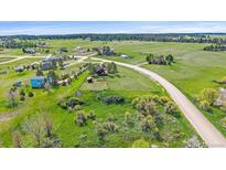 Expansive aerial view of a home surrounded by green meadows and scattered trees, showcasing a serene countryside setting at 3163 Windstream Ln, Elizabeth, CO 80107