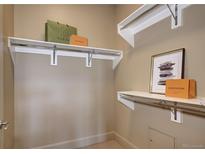Bright walk-in closet featuring multiple shelves and clothing rods with a neutral color scheme at 5455 Landmark Pl # 1403, Greenwood Village, CO 80111