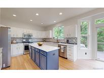 Modern kitchen with island, stainless appliances, and stylish backsplash design at 7597 Bison Ct, Littleton, CO 80125