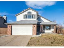 Charming two-story home with a two-car garage, brick accents, and manicured lawn at 9307 Shadowglen Ct, Highlands Ranch, CO 80126