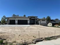 Contemporary home with three-car garage and stone accents under a clear blue sky at 5841 Powell Rd, Parker, CO 80134
