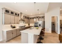 Bright kitchen features modern cabinetry, stainless steel appliances, and a large center island with bar seating at 1871 Grayside Cir, Castle Rock, CO 80109