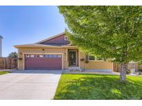 Charming single-Gathering home featuring a well-manicured lawn, mature tree, and a two-car garage with an inviting entry at 5280 Raritan Way, Denver, CO 80221