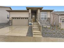Beautiful two-story home featuring a stone facade, attached garage, and a well-manicured front yard at 231 Leafy Aster Ln, Castle Rock, CO 80104