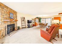 Inviting living room featuring a stone fireplace, plush carpeting, and a comfortable layout for relaxation at 8777 W Cornell Ave # 2, Lakewood, CO 80227