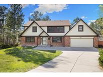 Charming two-story home with brick and vinyl siding, attached garage, and a well-manicured lawn at 8409 Lightening View Dr, Parker, CO 80134