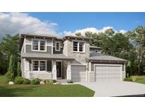 Charming two-story home with stone and gray siding, manicured lawn and a three car garage at 4728 Twelve Oaks Way, Castle Rock, CO 80104
