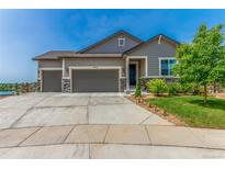 Charming home featuring a three-car garage and well-manicured lawn with a stone-accented facade at 12513 Shore Point St, Firestone, CO 80504