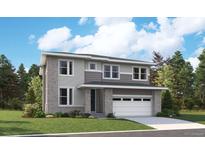 New construction home with a two-car garage, modern design and professionally landscaped front yard at 2681 Mondt Ln, Erie, CO 80026