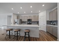 Bright, modern kitchen with gray cabinets, stainless steel appliances, a large island with seating, and wood-style flooring at 18001 Herrera Dr, Parker, CO 80134