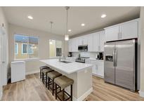 Modern kitchen features a large island with seating, stainless steel appliances, and bright white cabinetry at 6745 S Tempe Ct, Aurora, CO 80016