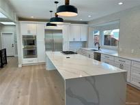 Bright kitchen features an oversized island, stainless appliances, and modern white cabinetry at 2552 E Alameda Ave # 92, Denver, CO 80209