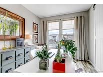 Bright home office featuring a white desk, drawers, natural light, and view of the neighborhood at 3778 Happyheart Way, Castle Rock, CO 80109