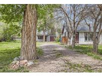 Charming exterior view featuring a gravel driveway and mature trees surrounding the home at 1115 W Quincy Ave, Englewood, CO 80110