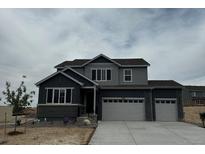 Two-story home with gray siding, a two-car garage, and a well-manicured lawn on a cloudy day at 13960 Hanging Lake St, Parker, CO 80138