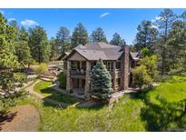 Secluded two-story home with stone and siding exterior, featuring an outdoor patio and lush surroundings at 10231 Democrat Rd, Parker, CO 80134