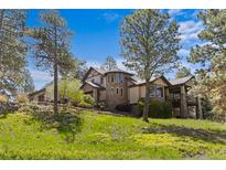 Sprawling two-story home featuring a stone turret, front lawn, lush greenery and professional landscaping at 10231 Democrat Rd, Parker, CO 80134