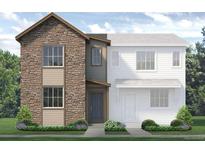 Charming two-story home featuring stone and siding, complemented by a lush, landscaped yard and gray door at 1446 Coral Pl, Longmont, CO 80504