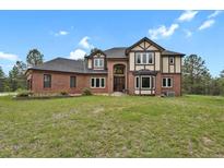 Stately brick and Tudor-style home with a manicured lawn and mature trees at 1972 Gold Camp Way, Franktown, CO 80116