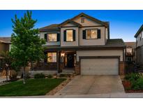 Charming two-story home with a well-manicured lawn and inviting front porch at 13822 Worthington Pl, Parker, CO 80134