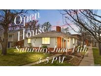 Charming single-story home with a brick chimney and manicured lawn, hosting an Open House on Saturday, June 14th from 3-5 PM at 1295 Elm St, Denver, CO 80220