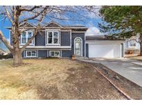 Gray siding house with a 2-car garage and landscaped yard at 5769 S Nepal Ct, Centennial, CO 80015