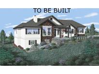 New home with stone accents, black shutters, a covered porch, professional landscaping, and a well-manicured lawn at 3806 Pinehurst, Monument, CO 80132