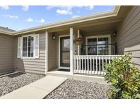 Charming front porch with flower basket and well-maintained walkway to front door at 20709 E Hampden Pl, Aurora, CO 80013