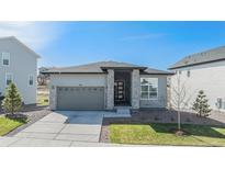 Charming single-story home featuring a stone facade, a two-car garage, and a well-manicured lawn at 328 Simmental Loop, Castle Rock, CO 80104