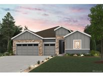 Charming single-Gathering home showcasing stone accents, gray siding, and a manicured front lawn at 10730 Hanging Lake Pl, Parker, CO 80138