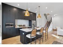 Modern kitchen featuring sleek black cabinets, a large island with seating, and stainless steel appliances at 1250 Yates St, Denver, CO 80204