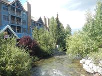 Scenic exterior view of a blue condo building alongside a stream surrounded by lush green trees and shrubs at 100 S Park Ave # E321, Breckenridge, CO 80424