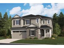 Charming two-story home featuring stone accents, a covered porch, and an attached two-car garage at 25171 E Evans Dr, Aurora, CO 80018