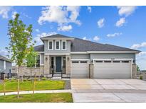 Beautiful single-Gathering home featuring a manicured lawn, stone accents, and a two-car garage at 22183 E Rocky Top Pl, Aurora, CO 80016