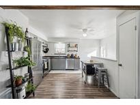 Bright kitchen features stainless steel appliances, gray cabinets, and wood-look floors at 6922 Vance St, Arvada, CO 80003