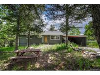 Charming exterior of a single-story home with a picnic table sitting under mature trees at 25694 Stansbery St, Conifer, CO 80433