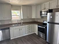 Well lit kitchen featuring stainless steel appliances, grey cabinets and a double basin sink at 1222 Yosemite St, Denver, CO 80220