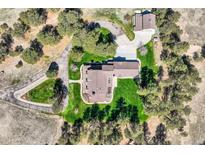 Stunning aerial view of estate home and detached garage surrounded by mature trees on a well-manicured lawn at 38666 County Road 21, Elizabeth, CO 80107