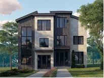 Modern two-story home with light stone and dark wood accents, large windows, and a well-manicured lawn at 401 Madison St, Denver, CO 80206
