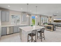 Bright kitchen featuring grey cabinets, a large island with seating, and stainless steel appliances at 7380 S Shady Grove Way, Aurora, CO 80016