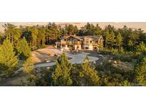 Expansive two-story home with stone accents, large windows, and a private driveway nestled in a lush forest setting at 7113 Echo Hills Club Rd, Larkspur, CO 80118