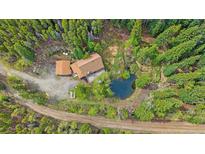 Aerial view of a charming mountain home with a pond and surrounded by lush green trees at 80 Castlewood Ct, Evergreen, CO 80439