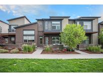 Charming two-story home with a modern design, professional landscaping, and welcoming walkway to the front door at 10066 Belvedere Cir, Lone Tree, CO 80124